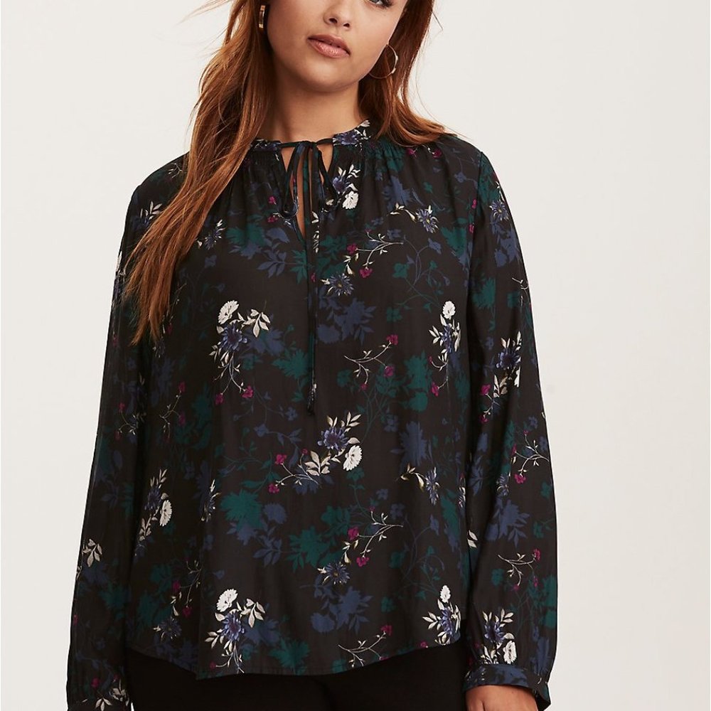 Boho Moody Floral Smocked Tie Neck Blouse